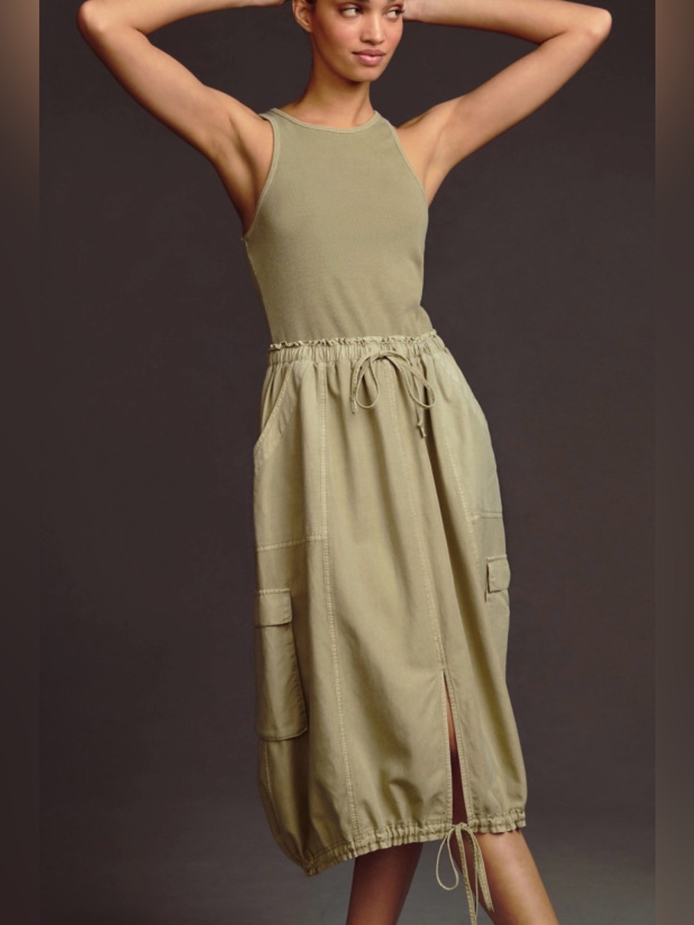 Sleeveless tank khaki Maxi Dress with Drawstring Waist & Hem